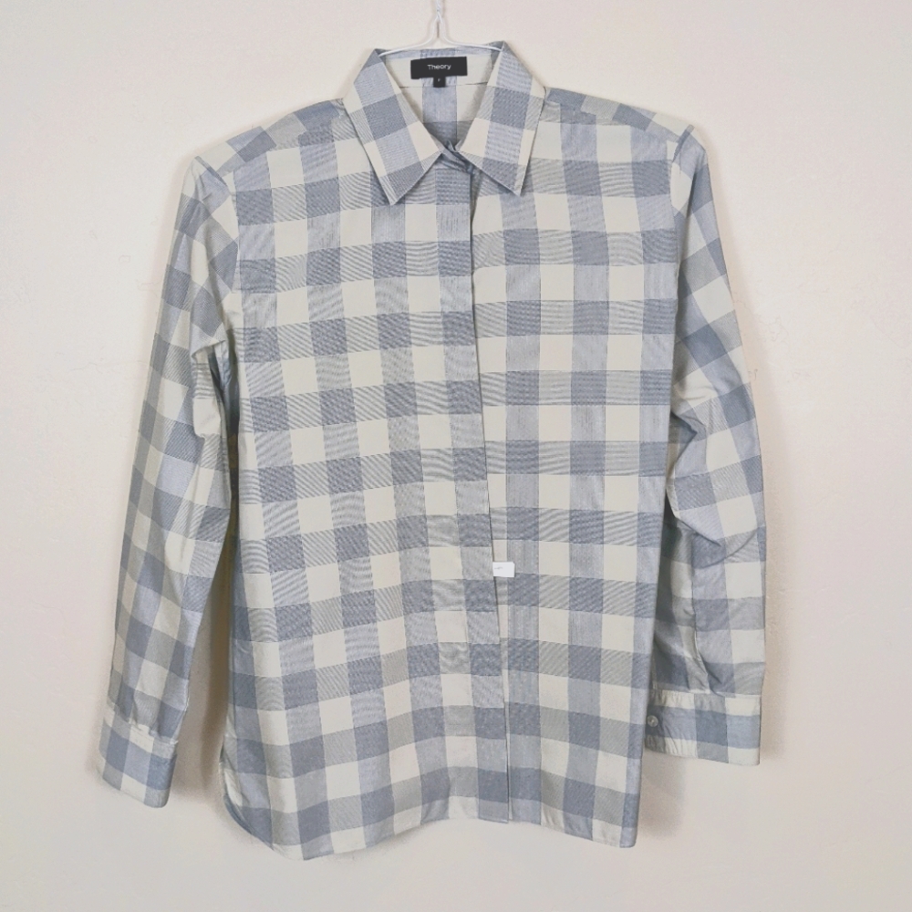 Theory P blue and white fuji check button down - Picture 2 of 9